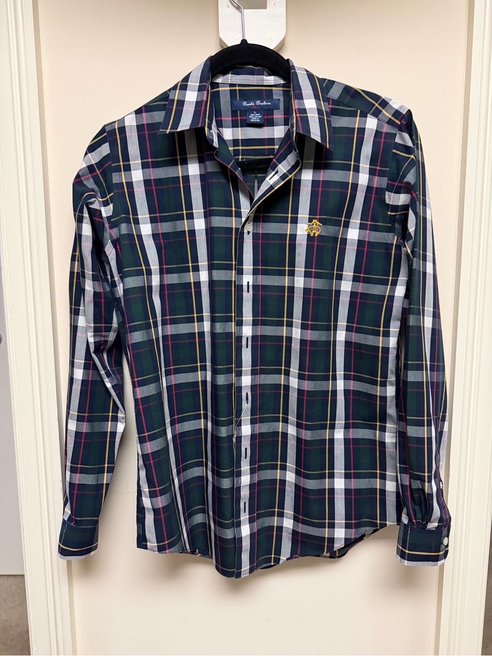 Brooks Brothers Navy and Green Plaid Button-Down Shirt with White
